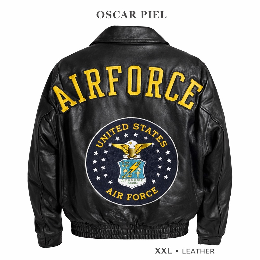 Oscar Piel Black Leather Airforce Bomber Jacket with zip in Liner
